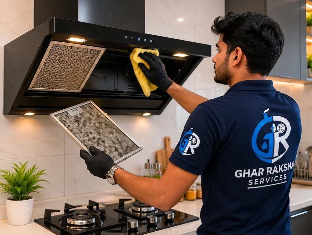 Ghar Raksha Services technician cleaning kitchen chimney filter in Hanamkonda and Warangal