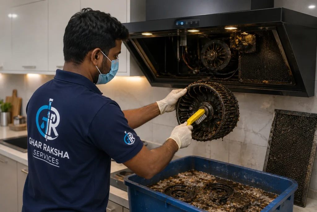 Ghar Raksha Services technician performing kitchen chimney deep cleaning in Hanamkonda and Warangal